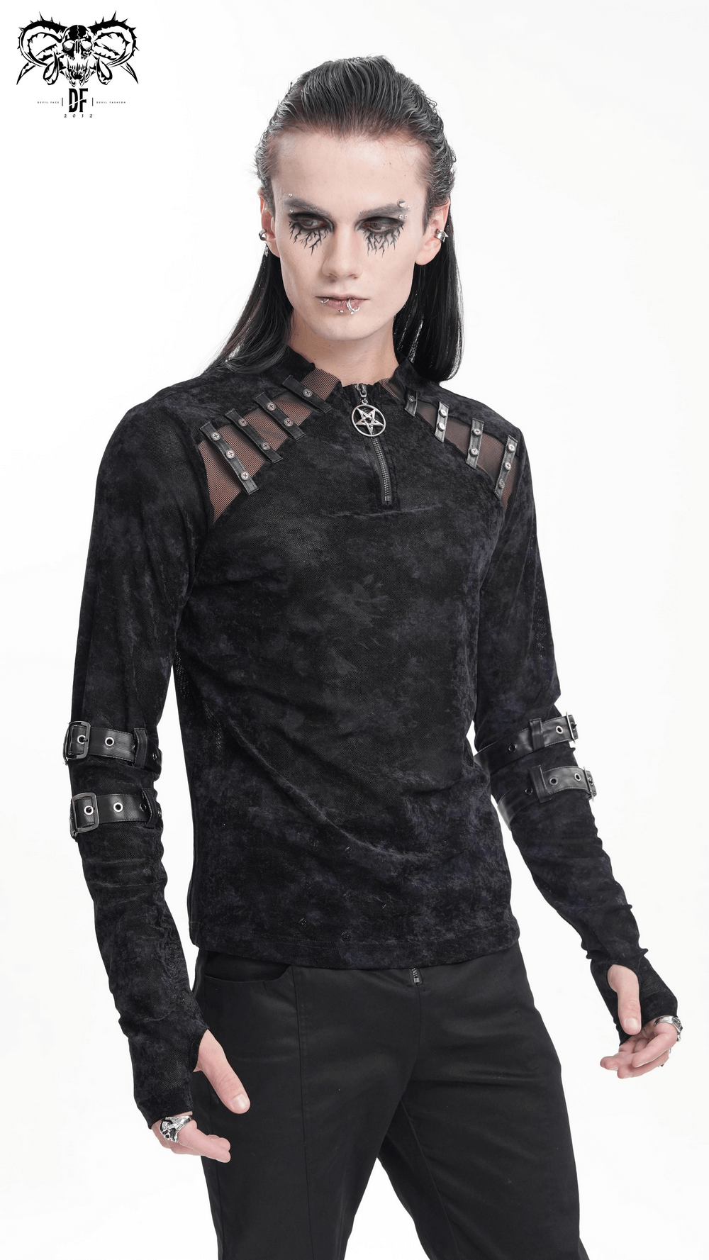 Men's gothic long-sleeved top with pentagram pendant and buckle details, perfect for edgy style enthusiasts.