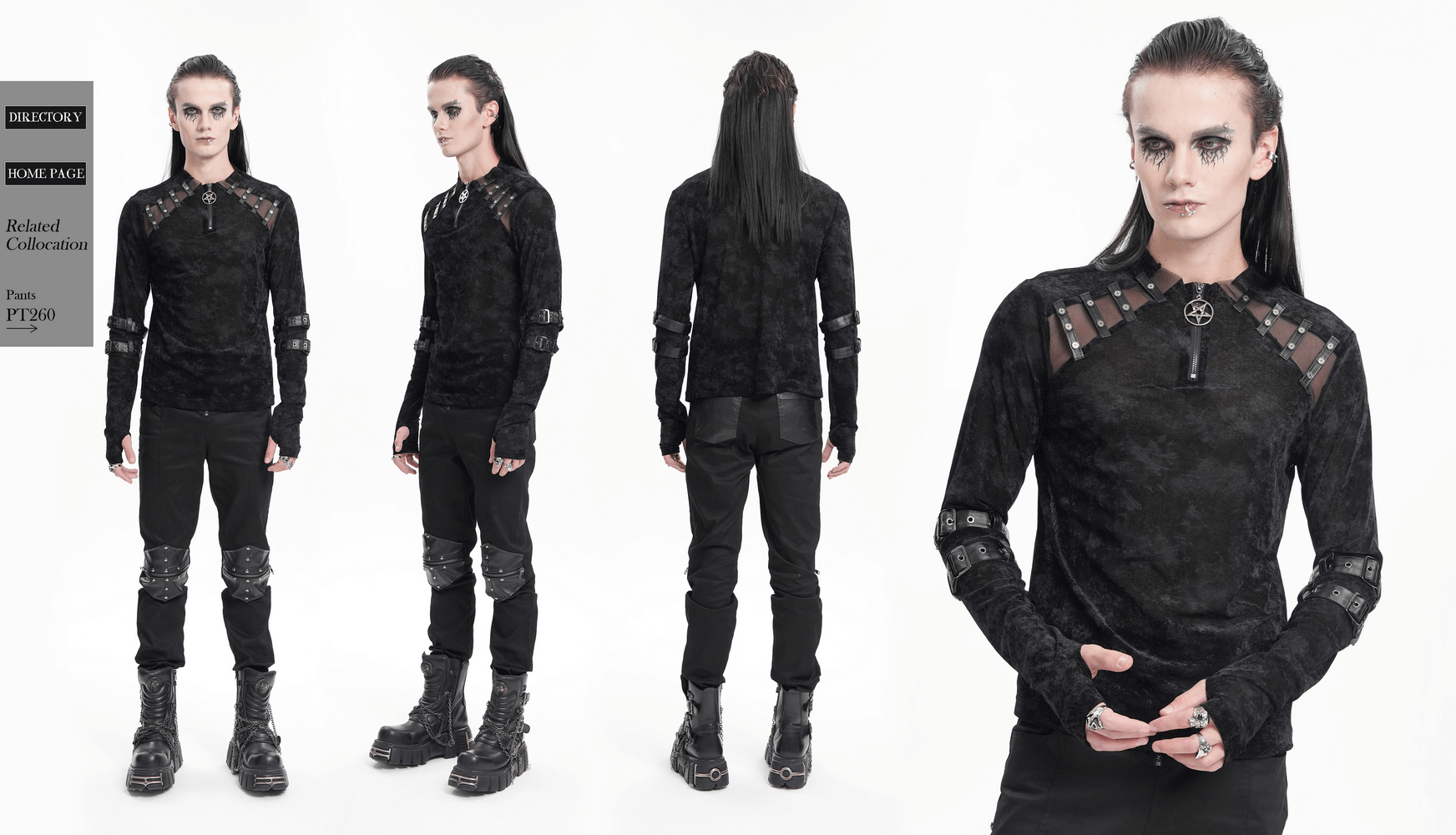 Men's gothic long-sleeved top with buckles and pentagram pendant, showcasing a unique style and distinct fabric pattern.