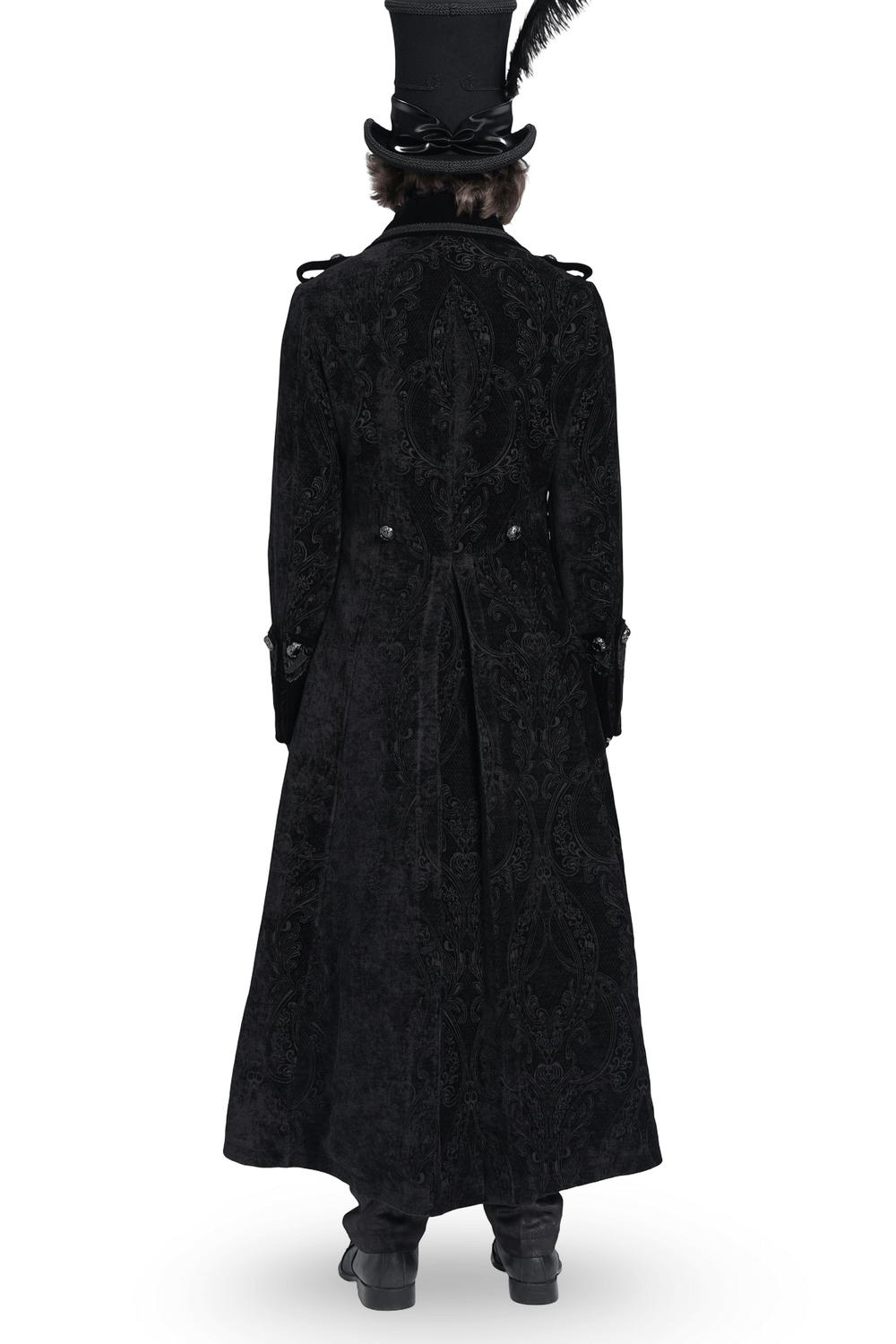 Men's Gothic long velvet coat with brocade trim, elegant design, worn with a tall hat and feathers.