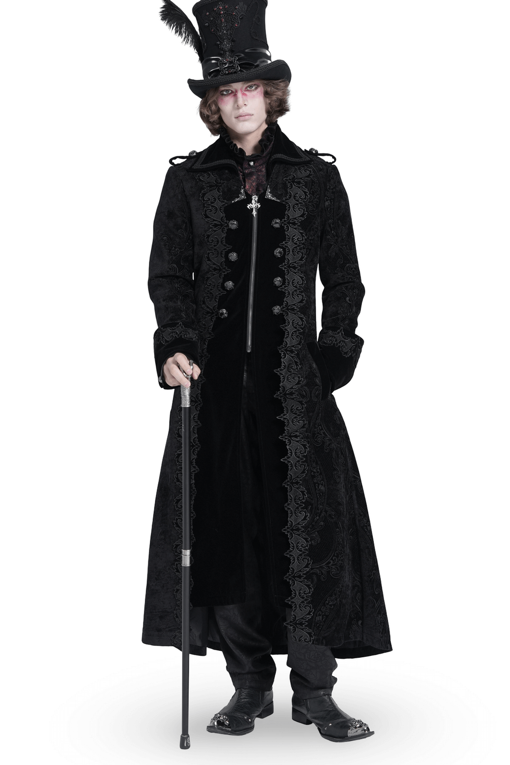 Men's Gothic long velvet coat with brocade trim, exuding Victorian elegance and style, perfect for modern gothic fashion.