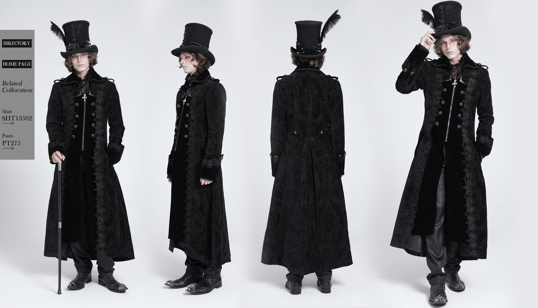 Men's Gothic long velvet coat with brocade trim, showcased from multiple angles for a stylish, elegant look.