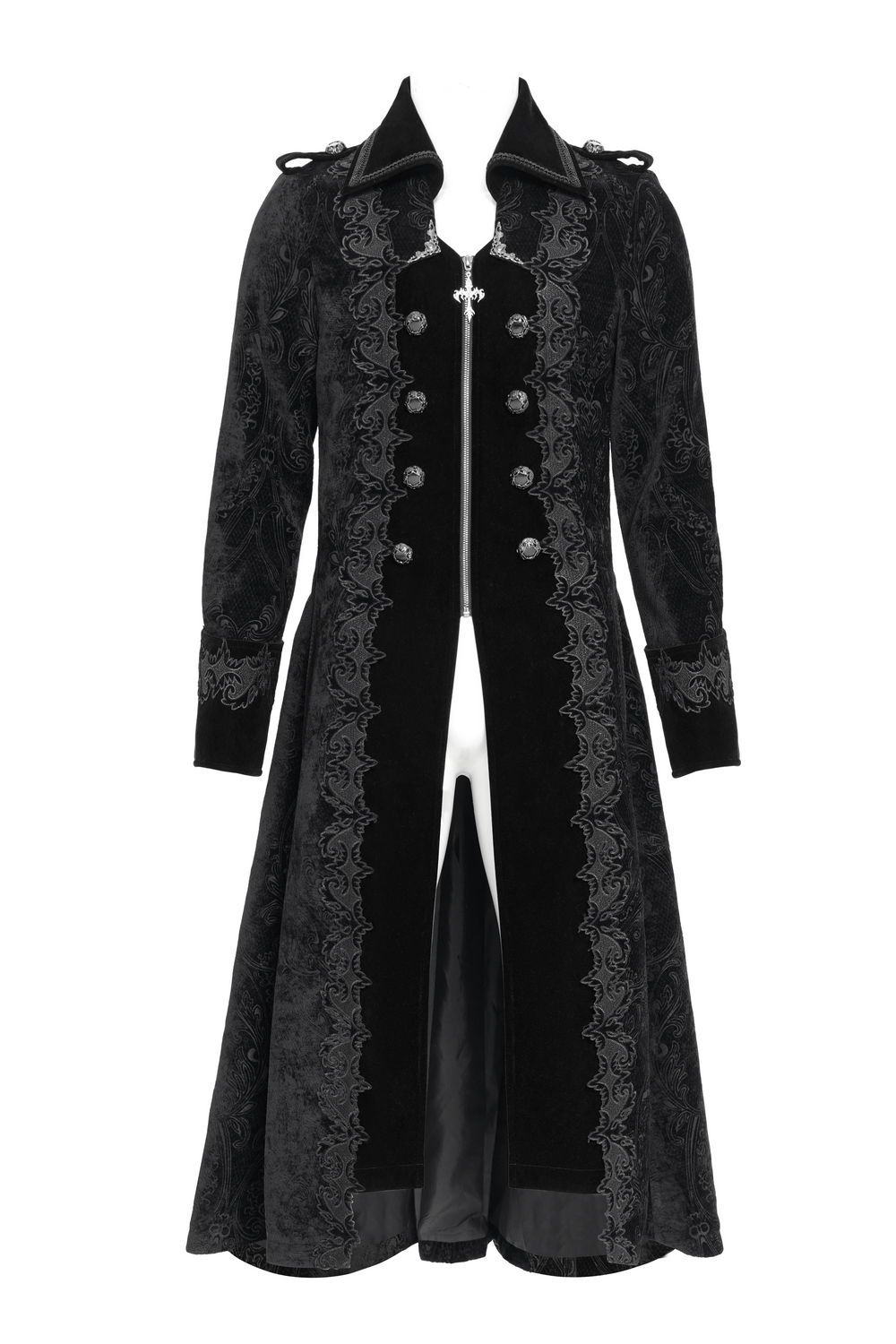 Men's Gothic long velvet coat with brocade trim, featuring intricate detailing and a stylish silhouette.
