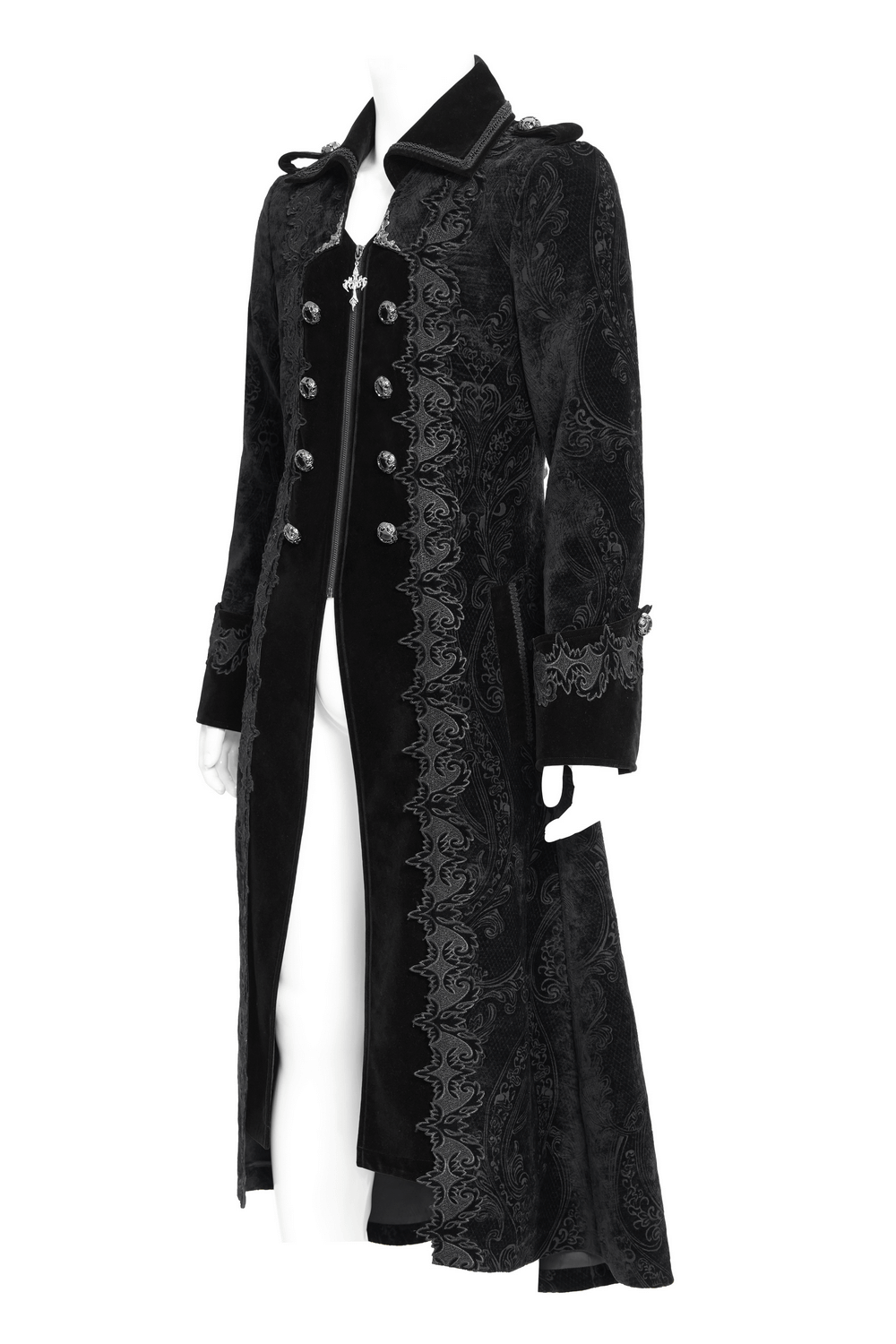 Men's Gothic long velvet coat with stylish brocade trim, perfect for Victorian-inspired fashion.