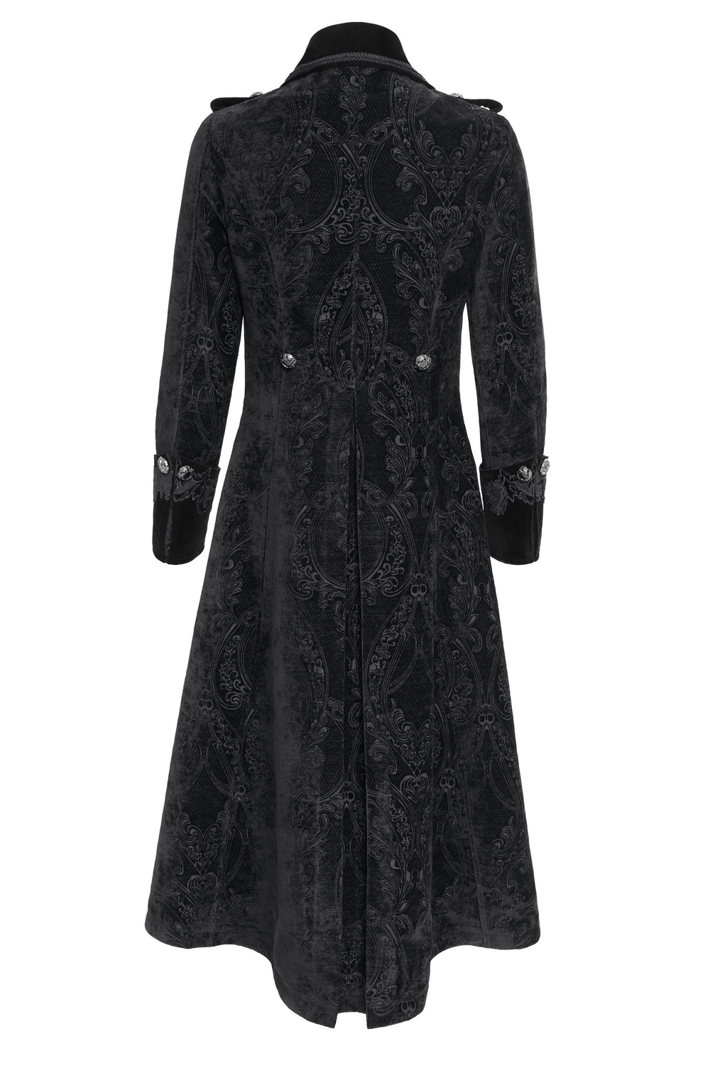 Stylish men's gothic long velvet coat with intricate brocade trim, featuring a dramatic back design and elegant detailing.