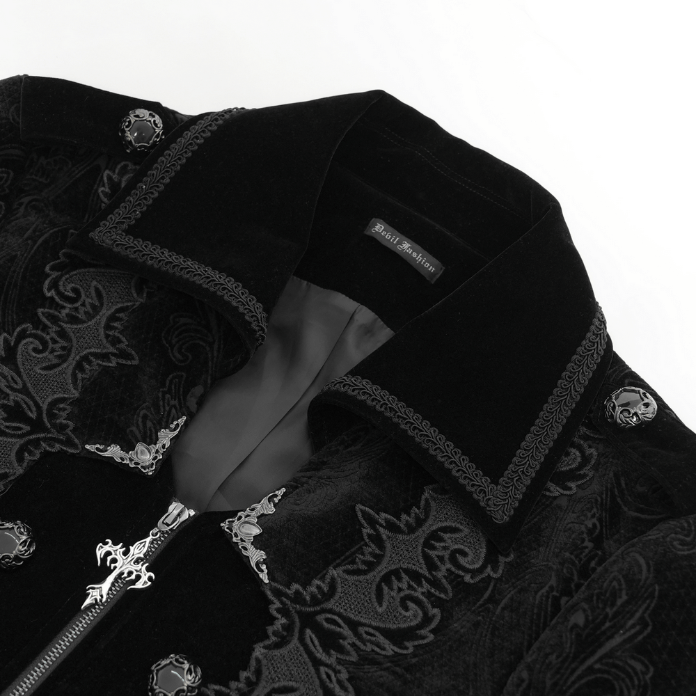 Men's Gothic long velvet coat with intricate brocade trim and stylish black detailing.
