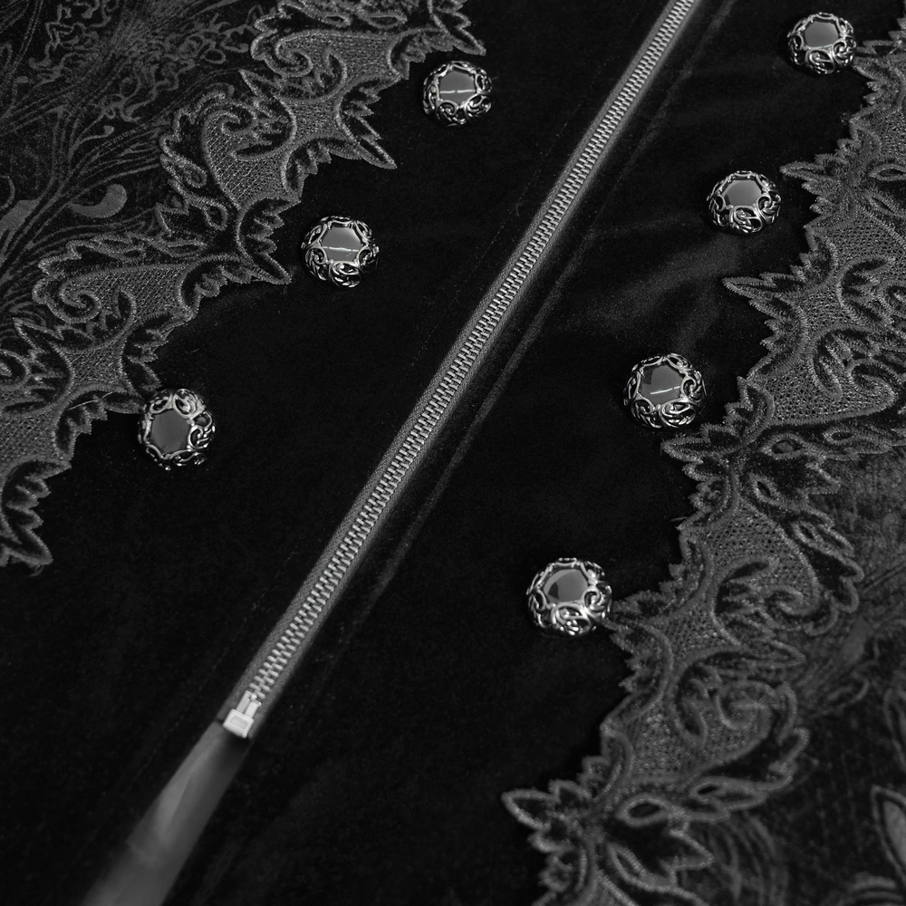 Men's gothic velvet coat detail featuring brocade trim and decorative buttons for a unique style.