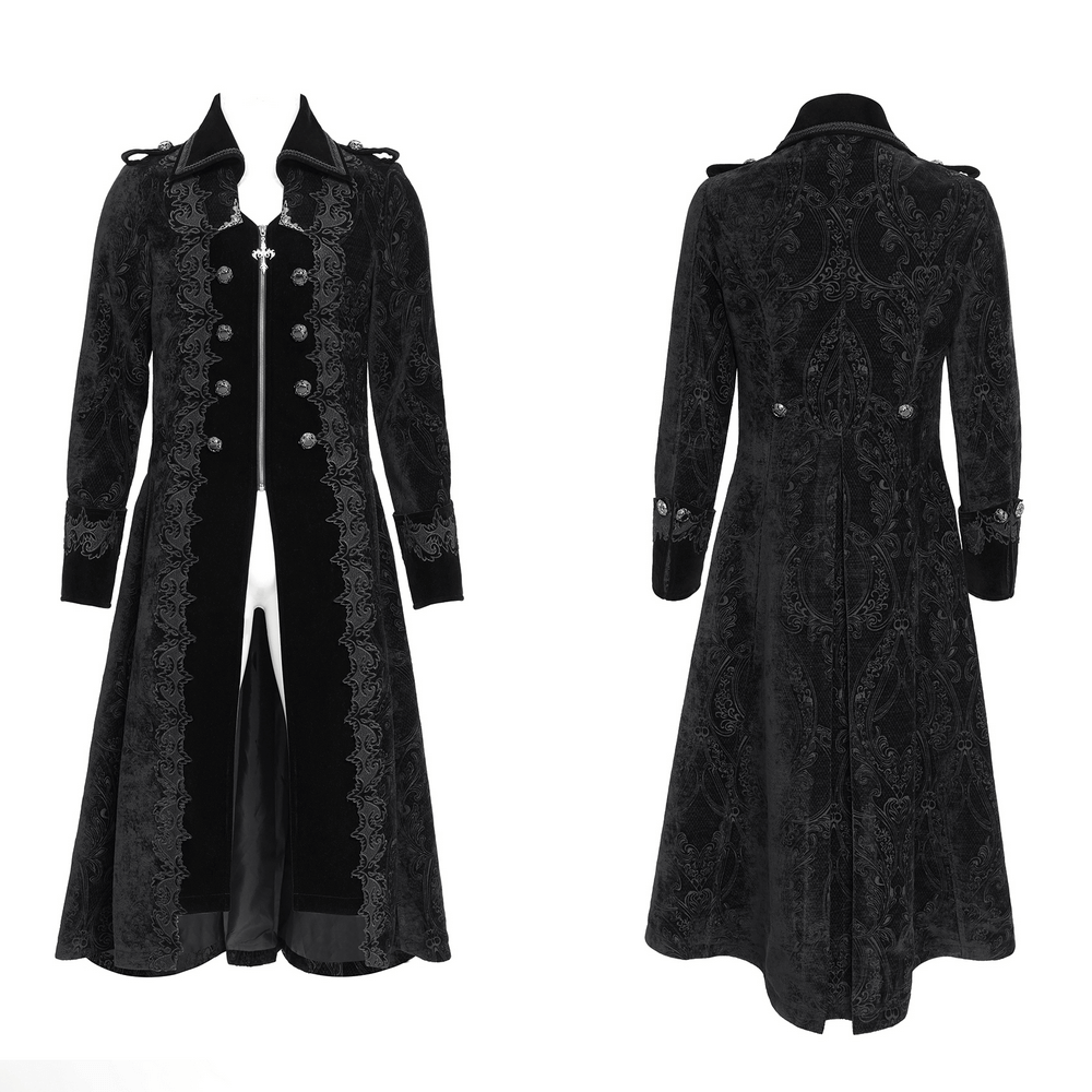 Men's Gothic long velvet coat featuring intricate brocade trim, stylish and sophisticated design.