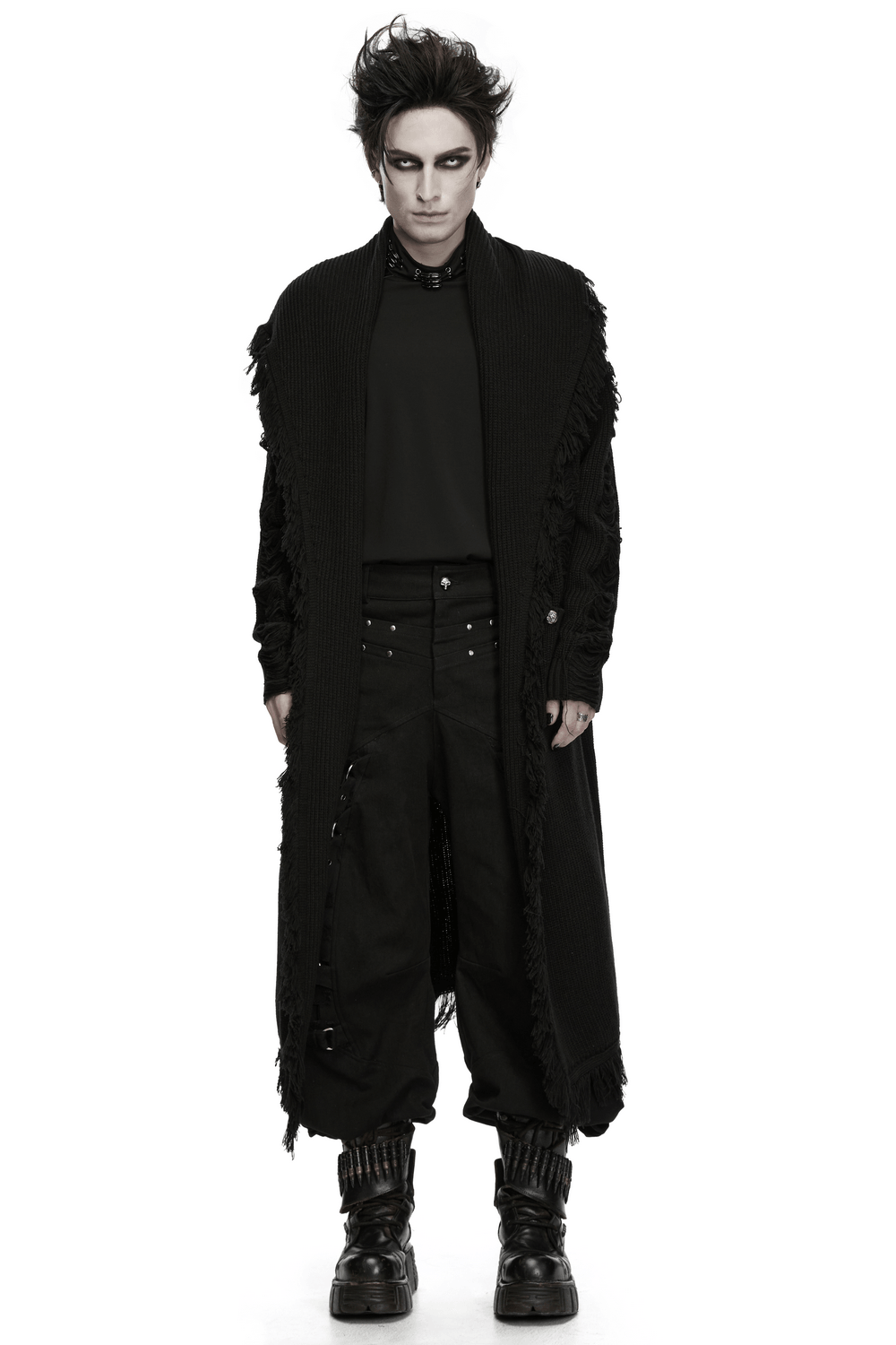 Gothischer Longline-Strickcardigan für Herren mit ausgefransten Kanten