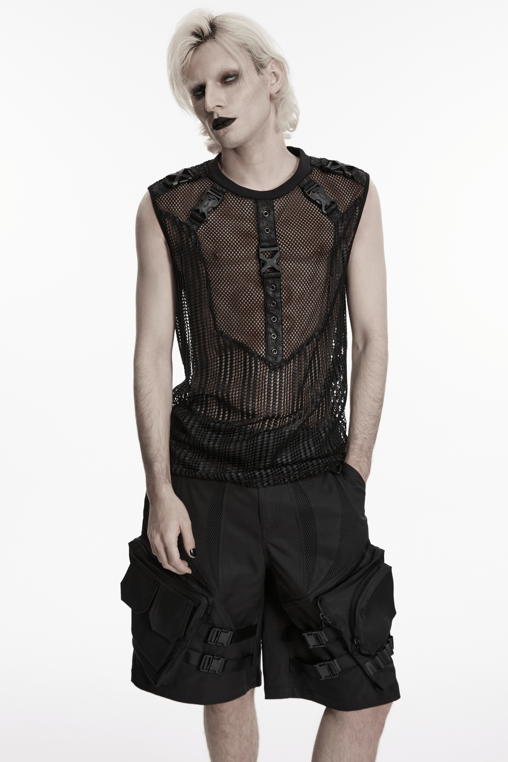 Men's Gothic Mesh Sleeveless Punk Top With Buckle Details modeled by a strikingly stylish model in a mesh panel top.