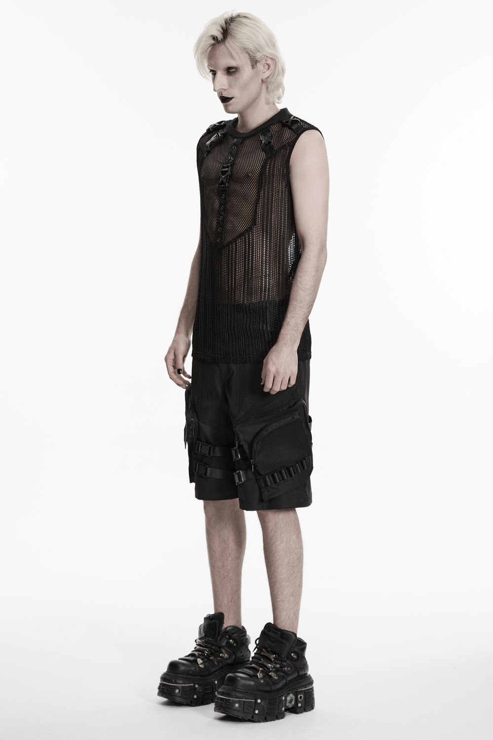 Men's Gothic Mesh Sleeveless Punk Top With Buckle Details modeled by a model with punk style and footwear.