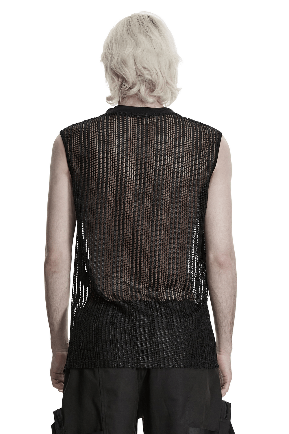 Men's Gothic Mesh Sleeveless Punk Top With Buckle Details, showcasing textured mesh design from the back.