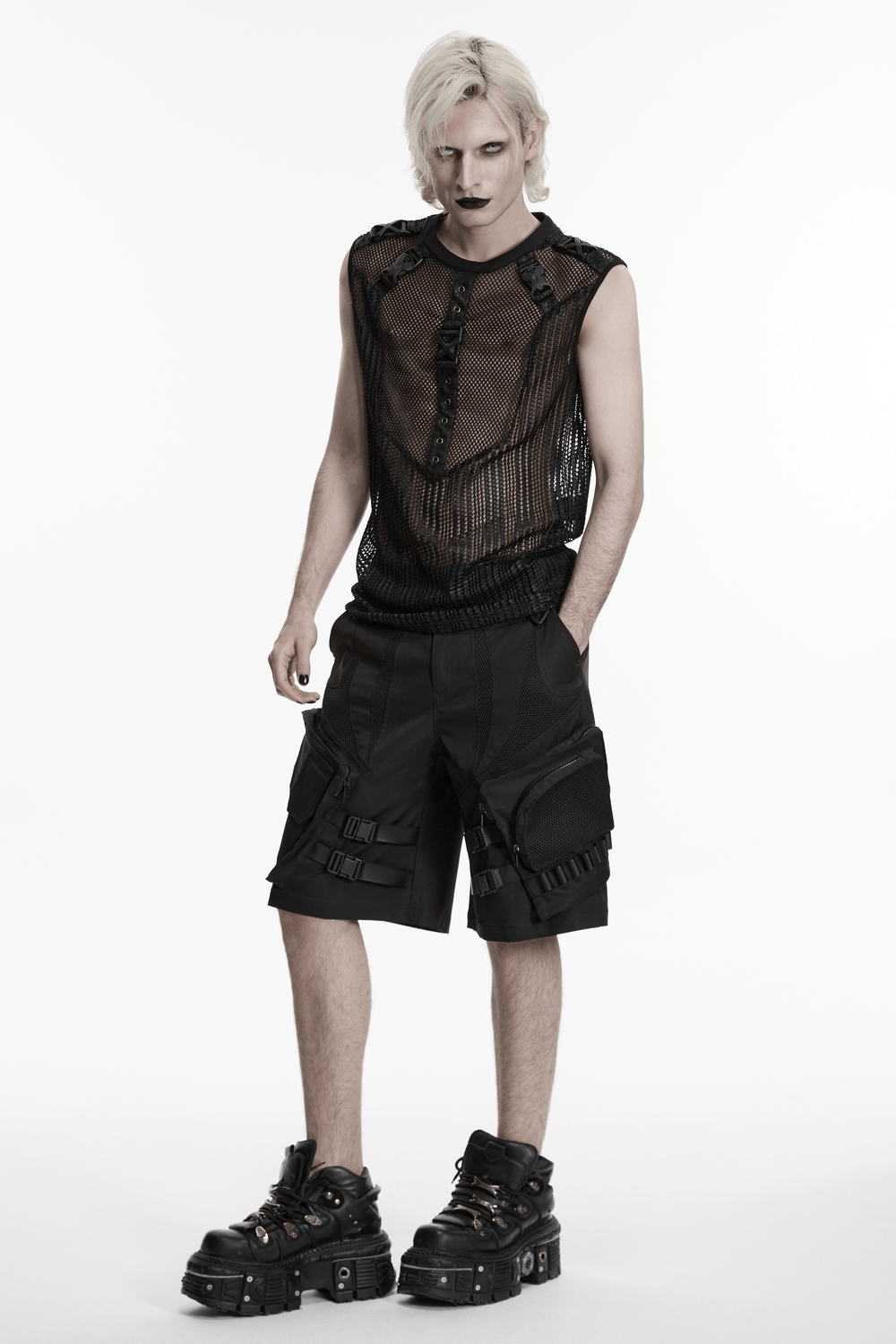 Men's Gothic Mesh Sleeveless Punk Top With Buckle Details worn by model, showcasing edgy punk fashion with mesh and buckles.