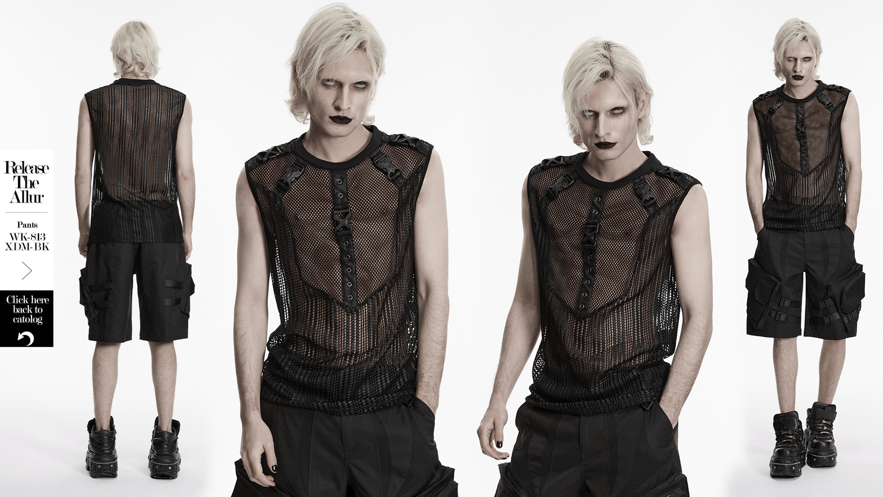 Men's Gothic Mesh Sleeveless Punk Top With Buckle Details showcasing edgy mesh design and buckle accents for a rebellious look.