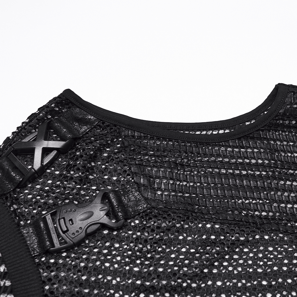 Men's Gothic Mesh Sleeveless Punk Top With Buckle Details featuring black mesh and buckle accents.