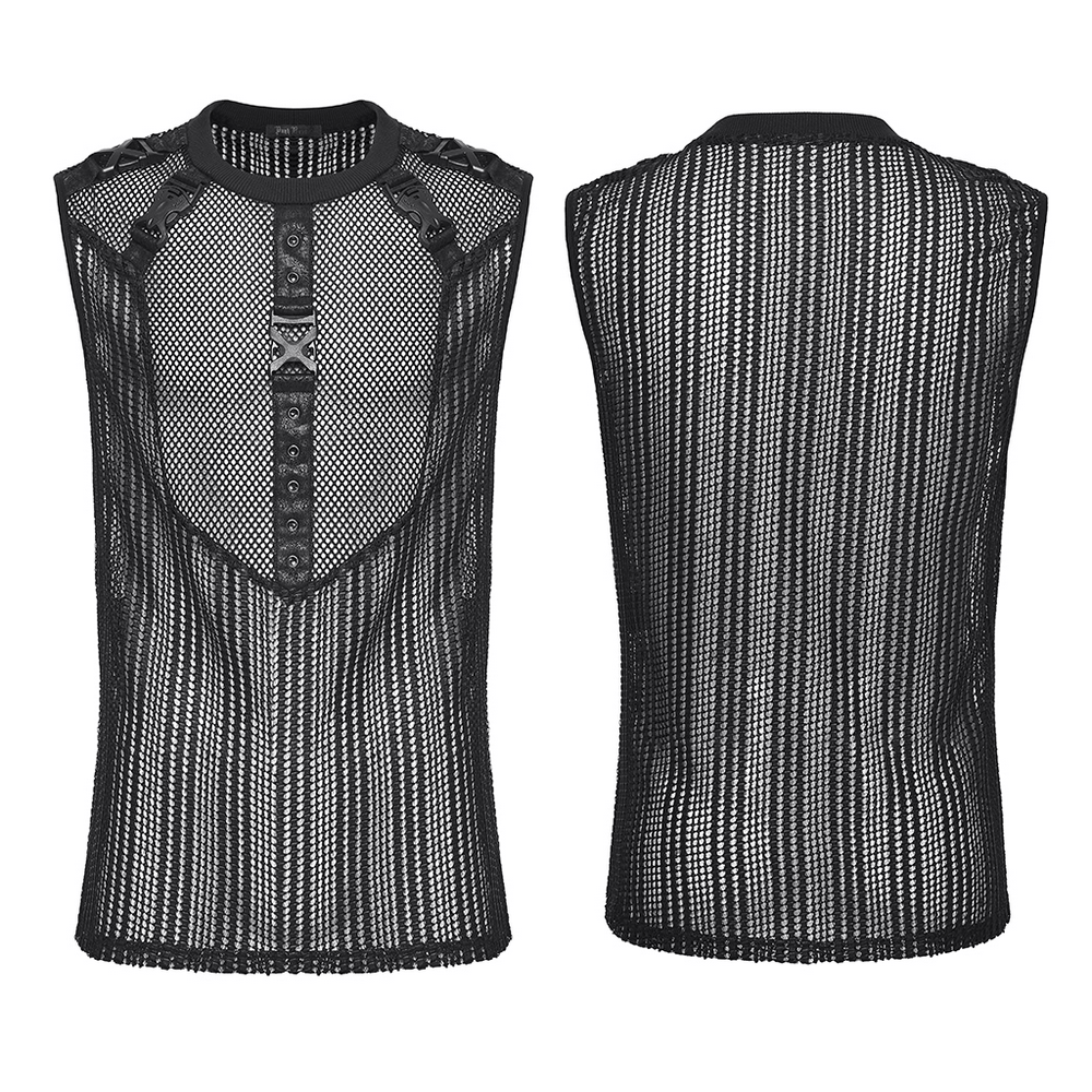 Men's Gothic Mesh Sleeveless Punk Top With Buckle Details featuring black textured mesh and unique buckle accents.