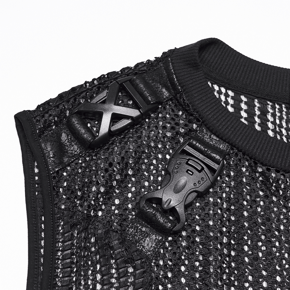 Men's Gothic Mesh Sleeveless Punk Top With Buckle Details showcasing textured mesh and bold buckle accents.