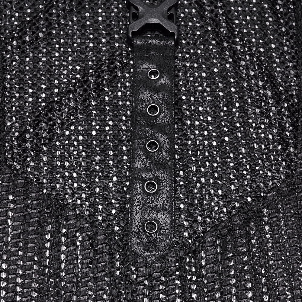 Men's Gothic Mesh Sleeveless Punk Top With Buckle Details showcasing textured mesh and buckle accents.