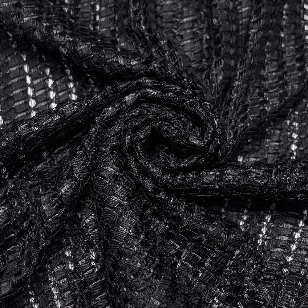 Men's Gothic Mesh Sleeveless Punk Top With Buckle Details textured black mesh fabric close-up swirling pattern