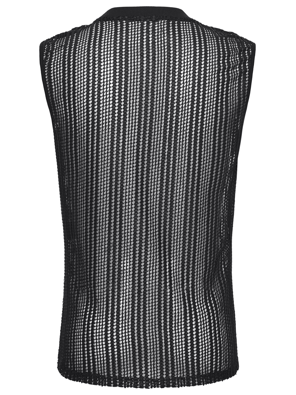 Men's Gothic Mesh Sleeveless Punk Top With Buckle Details featuring striped mesh panels and a sleek back design.