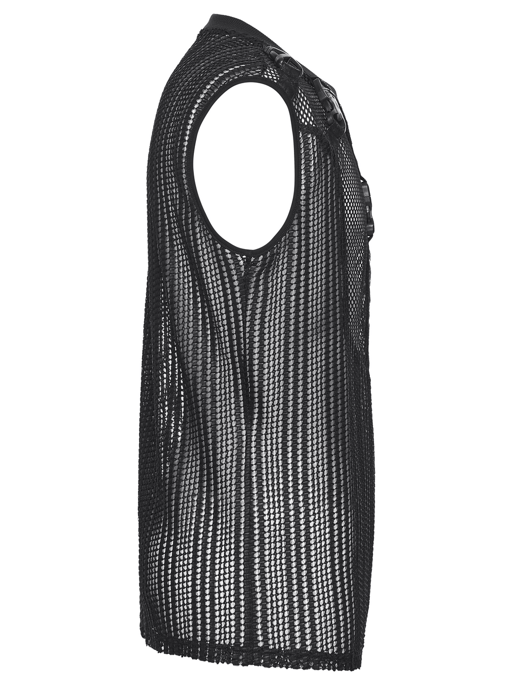 Men's Gothic Mesh Sleeveless Punk Top With Buckle Details side view showcasing mesh panels and buckle accents.