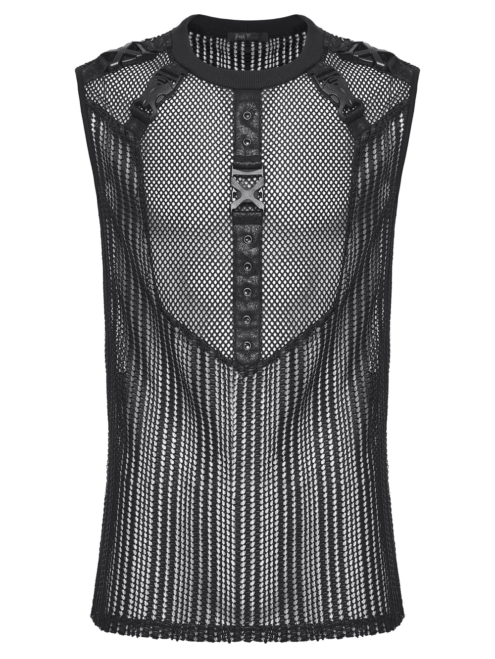 Men's Gothic Mesh Sleeveless Punk Top With Buckle Details featuring a bold mesh design and striking buckle accents.