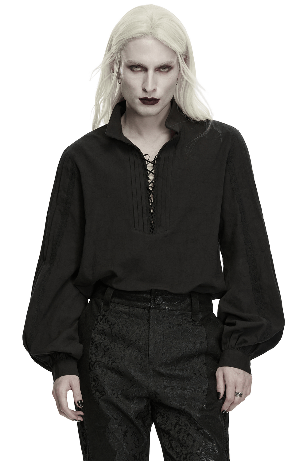 Men's Gothic Pirate Shirt with Lace-Up Lantern Sleeves, black lace-up medieval goth top with dramatic sleeves