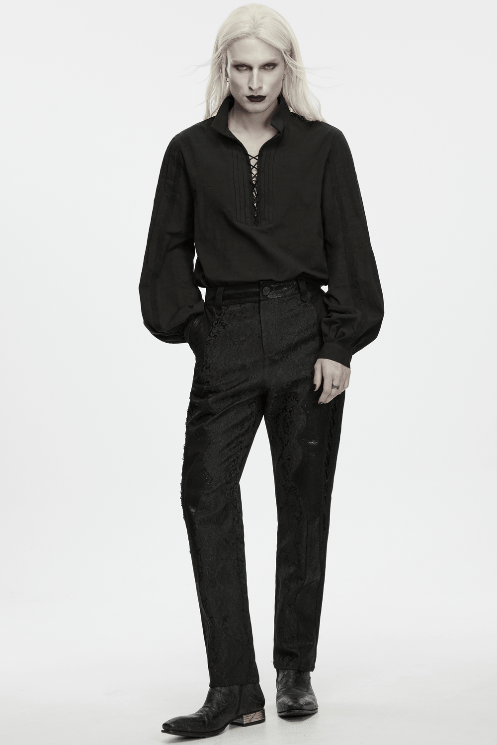 Men's Gothic Pirate Shirt with Lace-Up Lantern Sleeves, black lace-up gothic shirt with medieval pirate flair