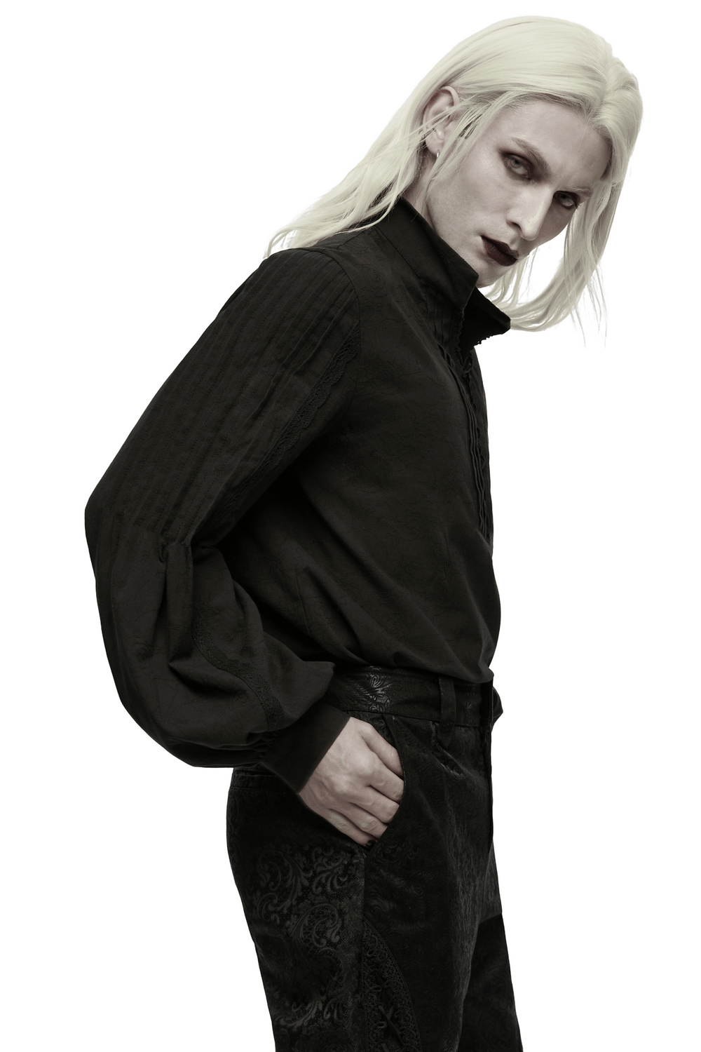 Men's Gothic Pirate Shirt with Lace-Up Lantern Sleeves in dark jacquard cotton, moody gothic style with lace accents
