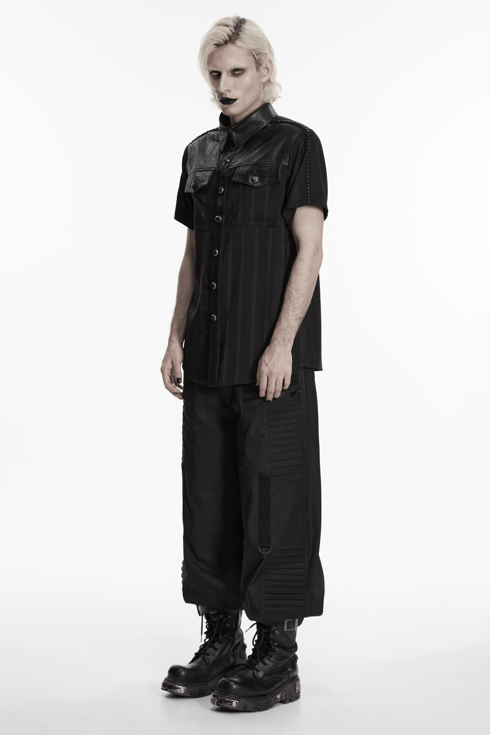 Men's Gothic Plaid Shirt with Leatherette Panels worn by a model in a stylish pose.