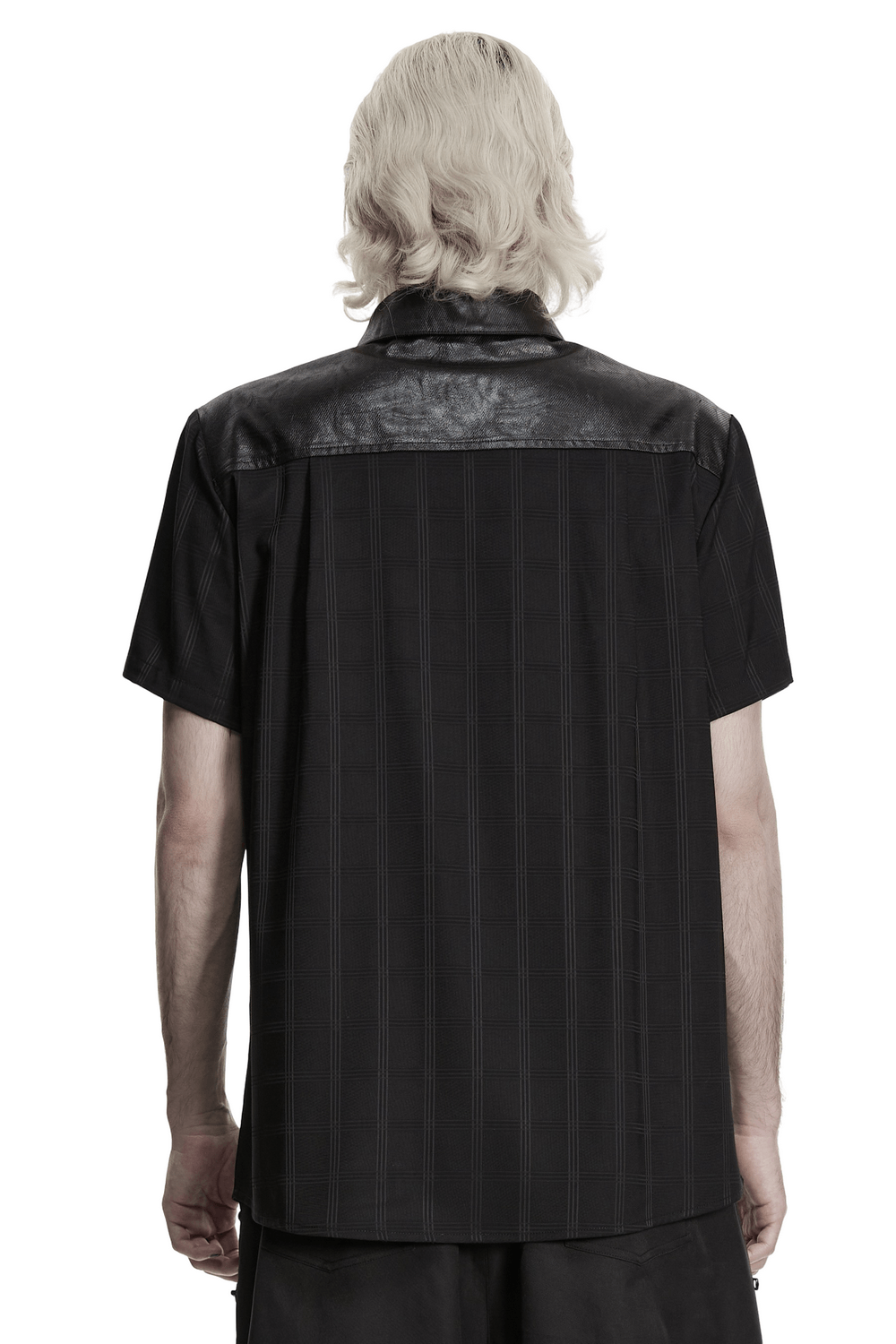 Men's Gothic Plaid Shirt with Leatherette Panels - back view showcasing leatherette detailing.