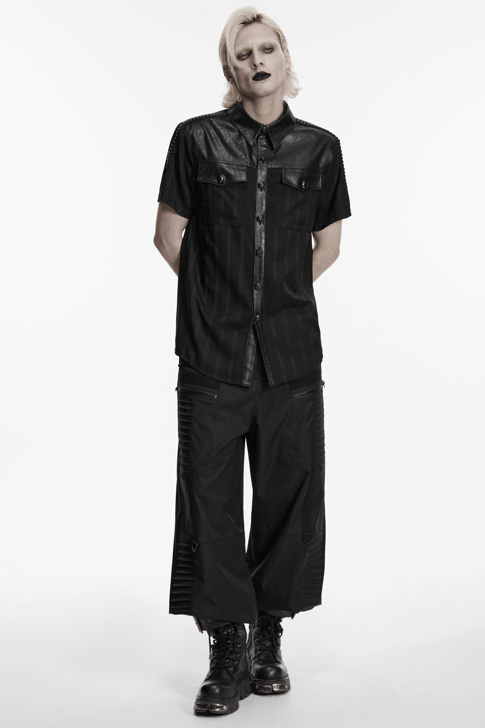 Men's Gothic Plaid Shirt with Leatherette Panels featuring a stylish model in a striking pose.