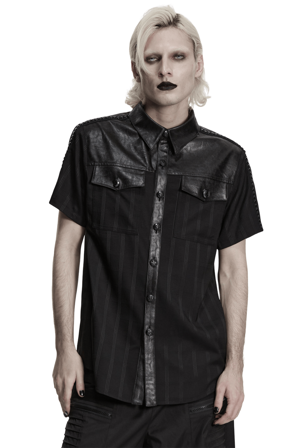 Men's Gothic Plaid Shirt with Leatherette Panels modeled by a model in a stylish black outfit.