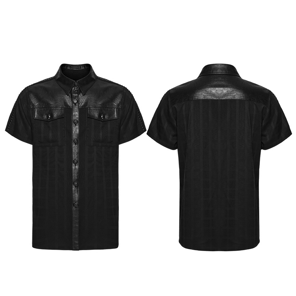 Men's Gothic Plaid Shirt with Leatherette Panels, stylish black shirt showing front and back views.