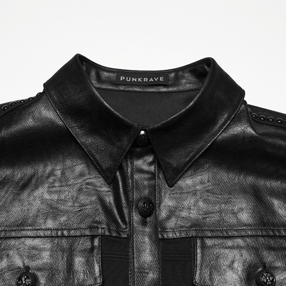 Men's Gothic Plaid Shirt with Leatherette Panels close-up of collar and details by PUNKRAVE