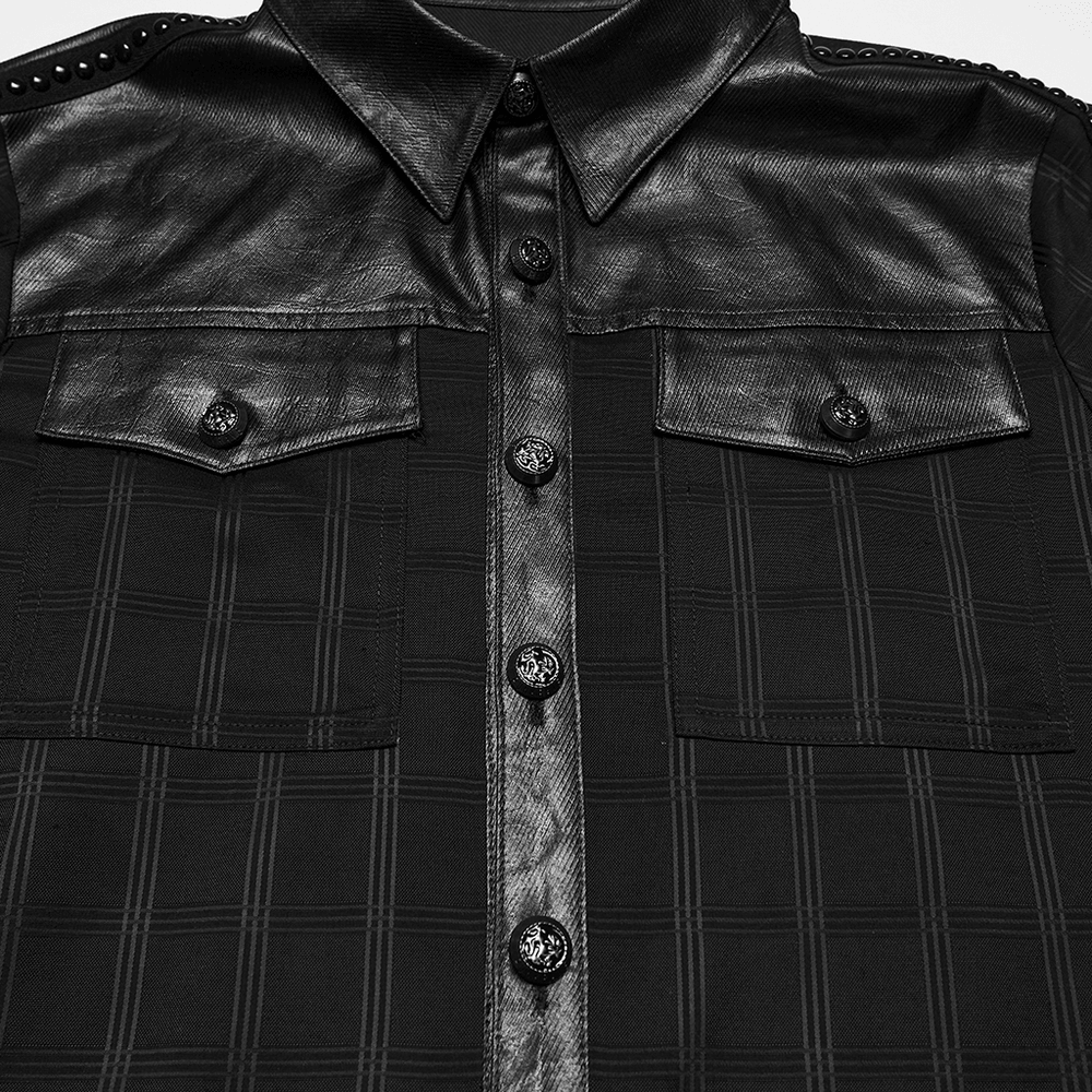 Men's Gothic Plaid Shirt with Leatherette Panels featuring stylish pockets and leatherette shoulder accents.