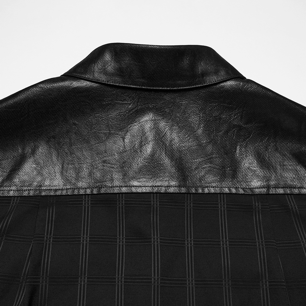 Men's Gothic Plaid Shirt with Leatherette Panels back view showcasing leatherette collar and plaid design.
