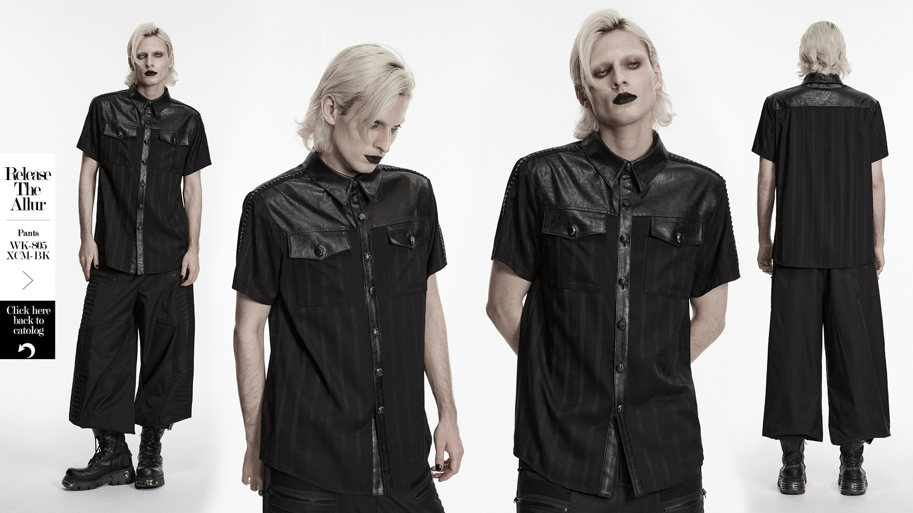 Men's Gothic Plaid Shirt with Leatherette Panels model showcases unique style and edgy design.