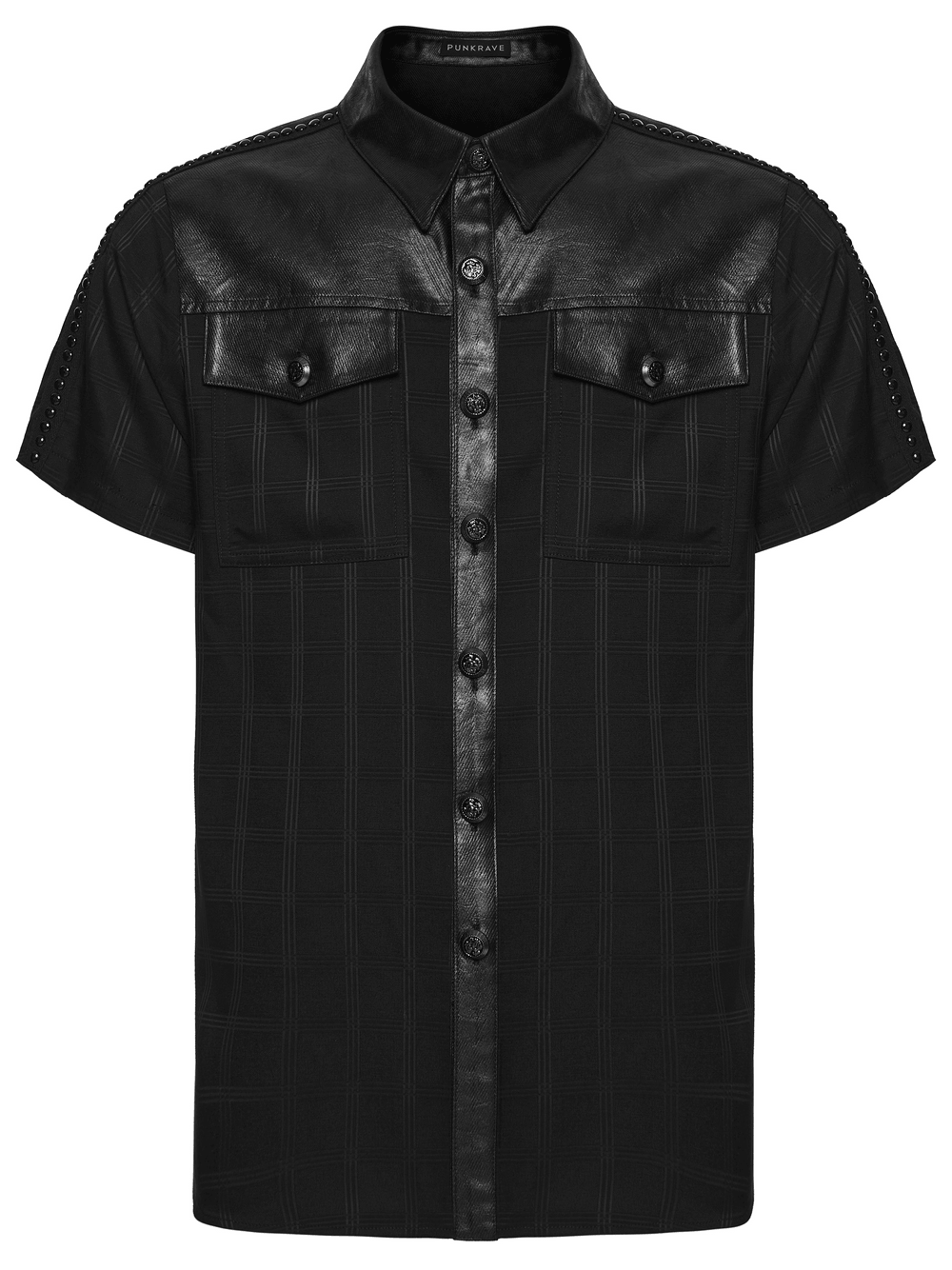Men's Gothic Plaid Shirt with Leatherette Panels in black with stylish design and leatherette accents.