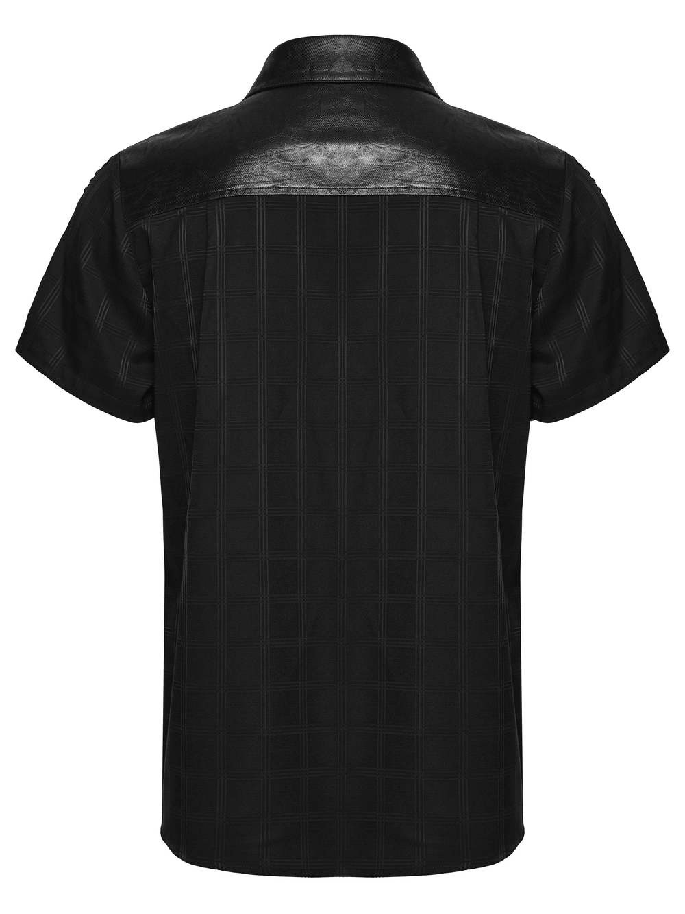 Men's Gothic Plaid Shirt with Leatherette Panels - back view showcasing stylish design.