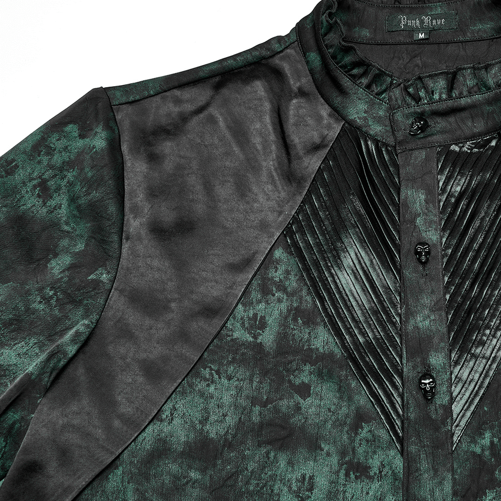 Men's gothic pleated texture long-sleeved shirt featuring layered shoulder detail and glossy accents.