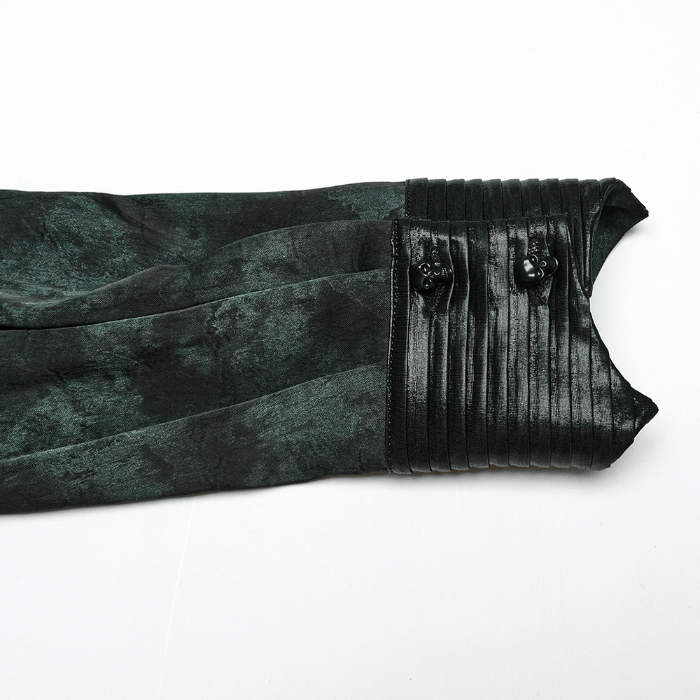 Close-up of men's gothic shirt sleeve showcasing pleated texture and glossy accents at the collar.