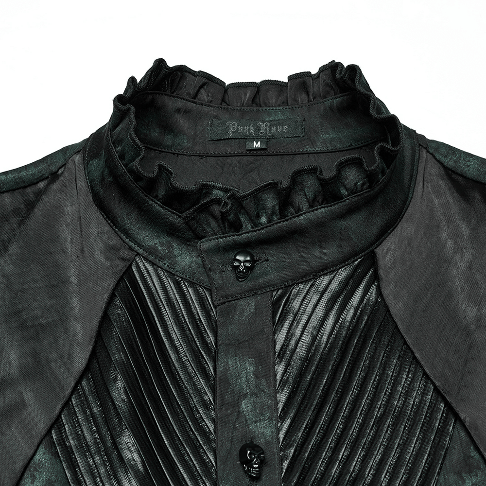 Men's gothic shirt with pleated texture, layered shoulder detail, and skull buttons, perfect for alternative fashion.