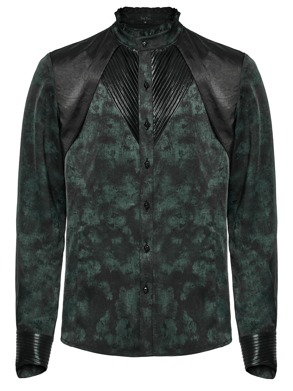 Men's gothic pleated long sleeved shirt with layered shoulder detail and glossy accents for a dark style.