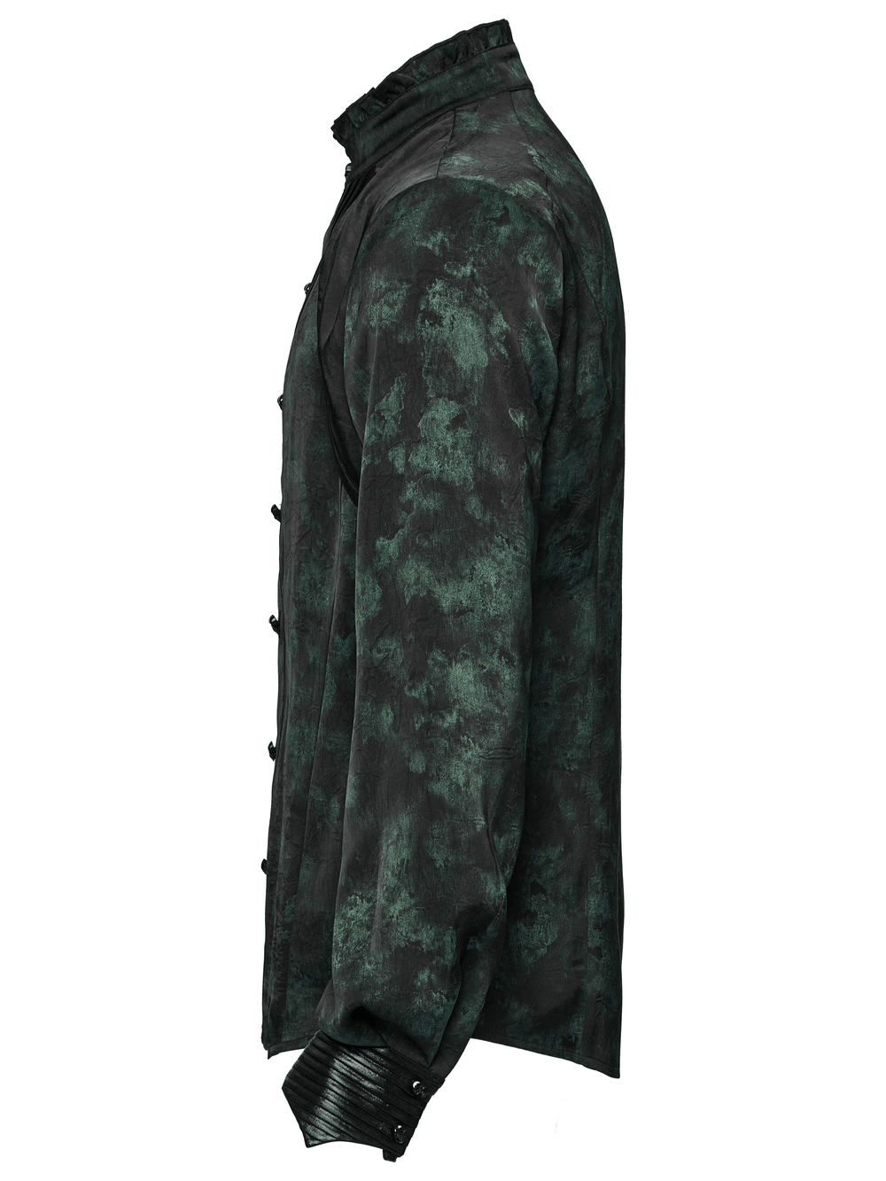 Men's gothic pleated texture long sleeve shirt with layered shoulder details and glossy accents.