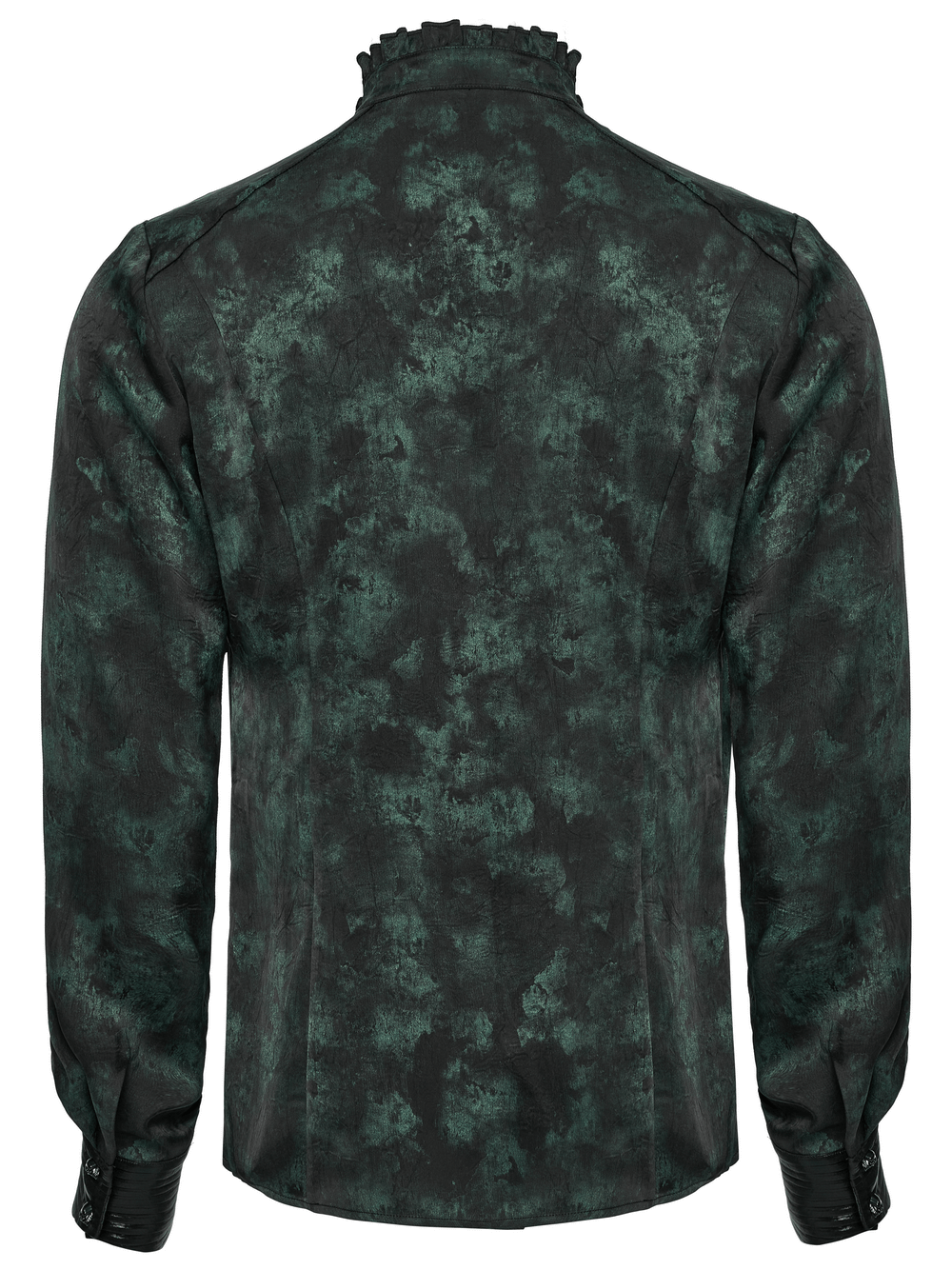 Back view of men's gothic pleated texture long sleeve shirt with layered shoulder details in dark green.