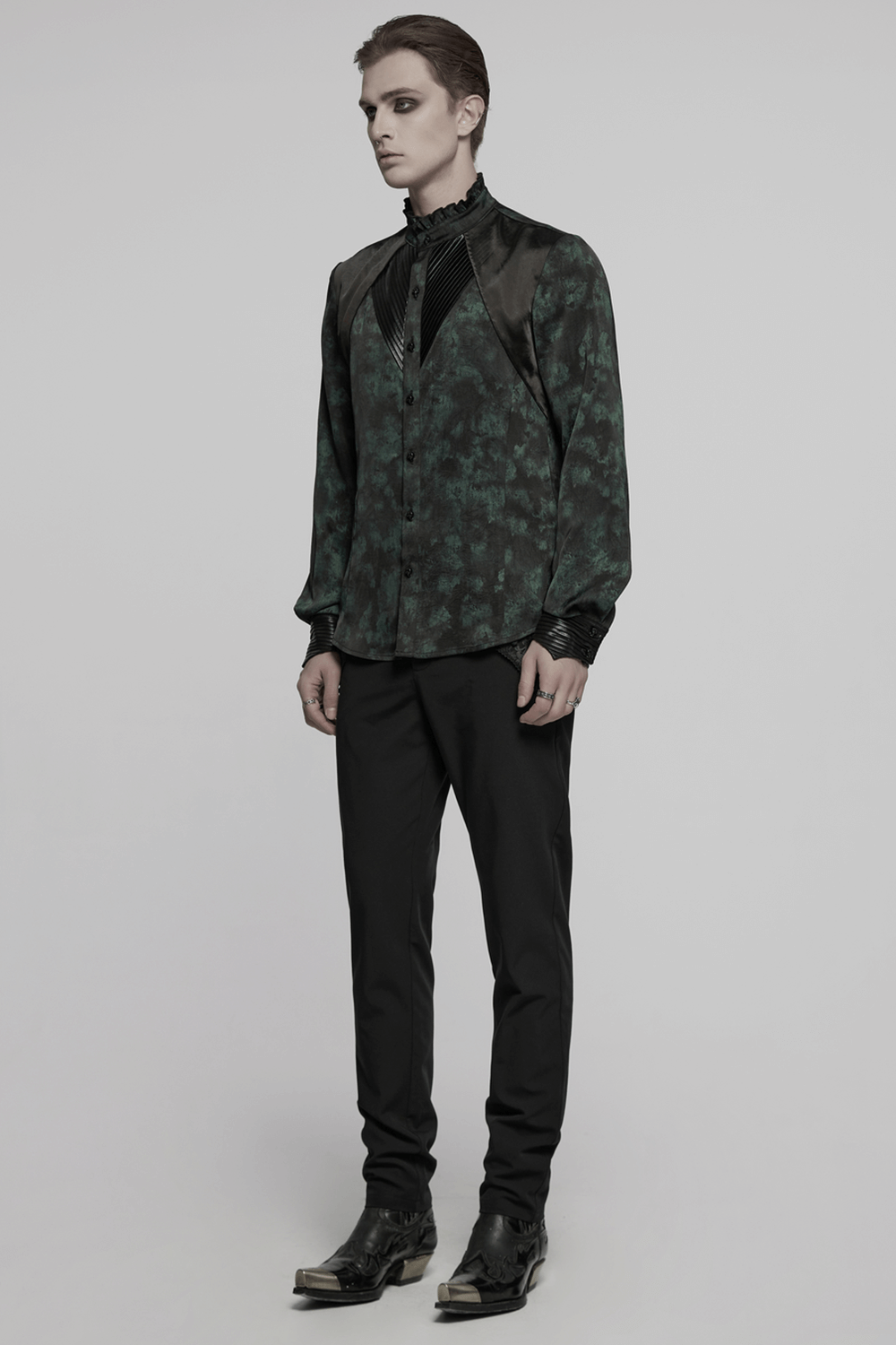Men's gothic long-sleeved shirt with pleated texture and layered shoulder detail, ideal for punk and alternative style.
