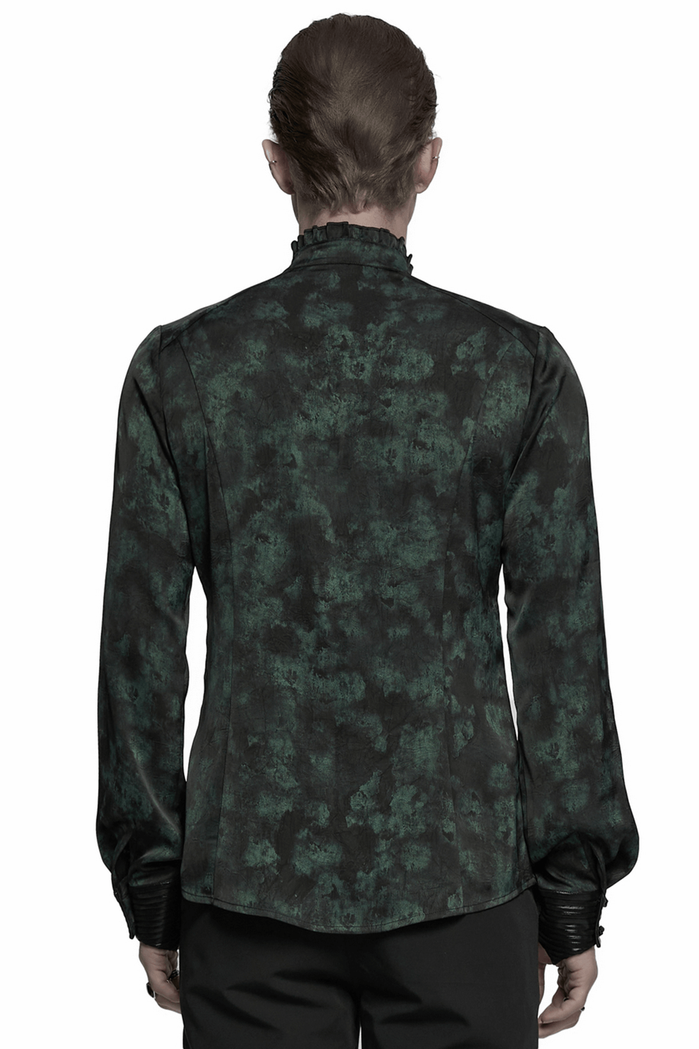 Back view of men's gothic pleated texture long sleeved shirt with layered shoulder detail in dark green.