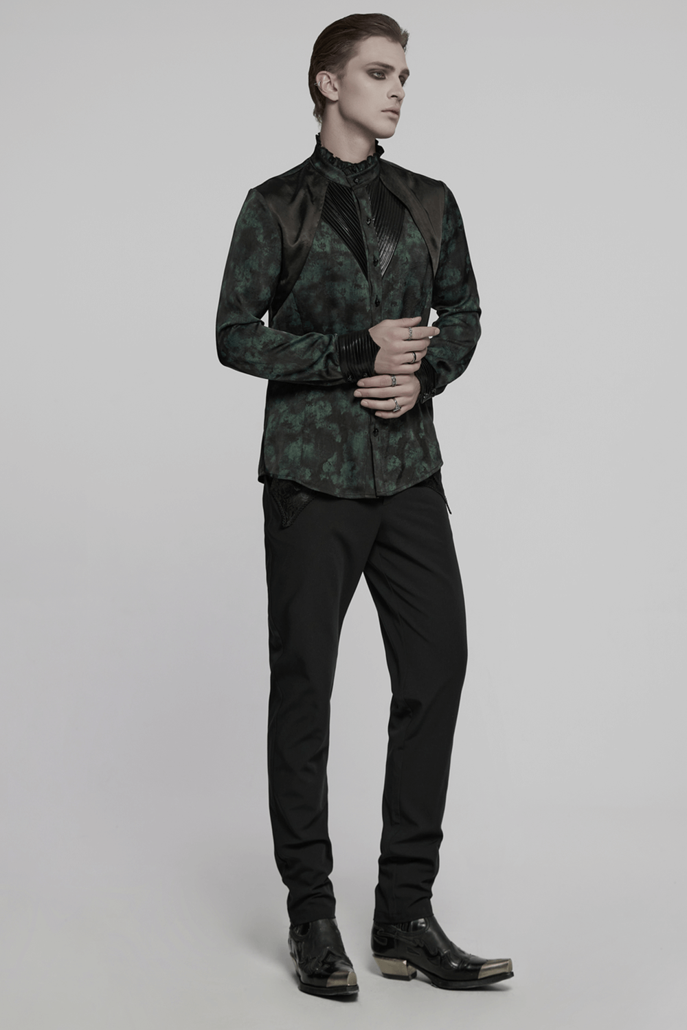 Men's gothic pleated long-sleeved shirt with layered shoulder detail, perfect for punk and alternative styles.