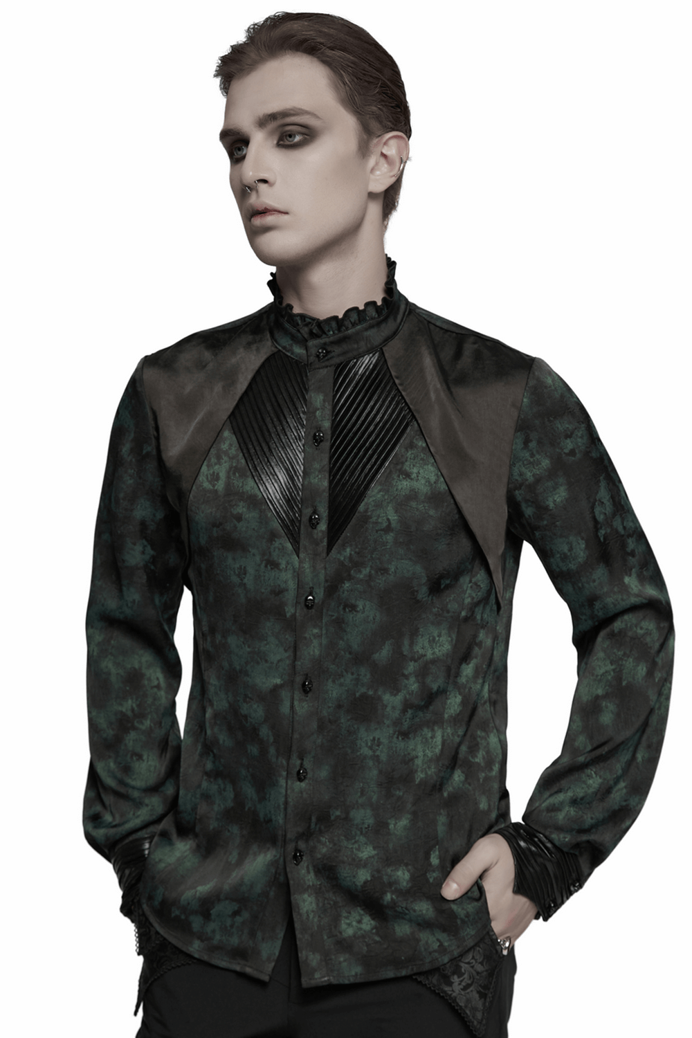 Men's gothic pleated texture long sleeved shirt with layered shoulder detail and dark glossy accents.