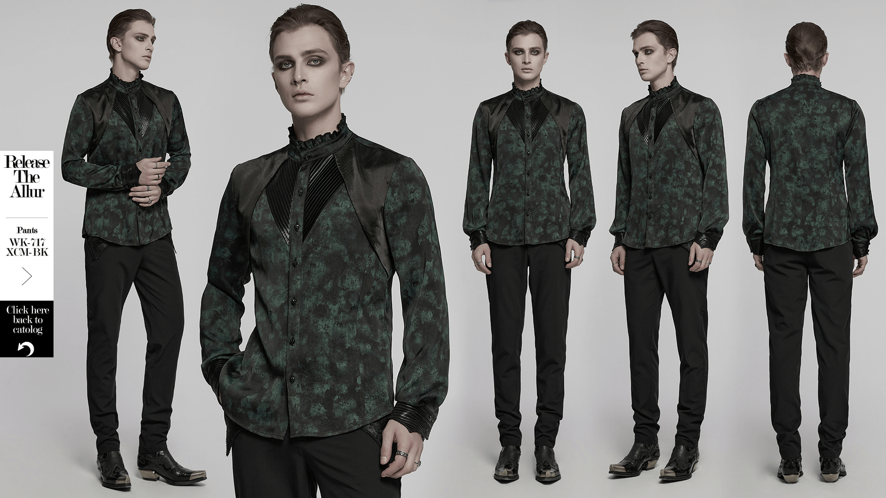 Men's gothic long sleeve shirt with pleated texture and layered shoulder details, perfect for clubwear and alternative fashion.